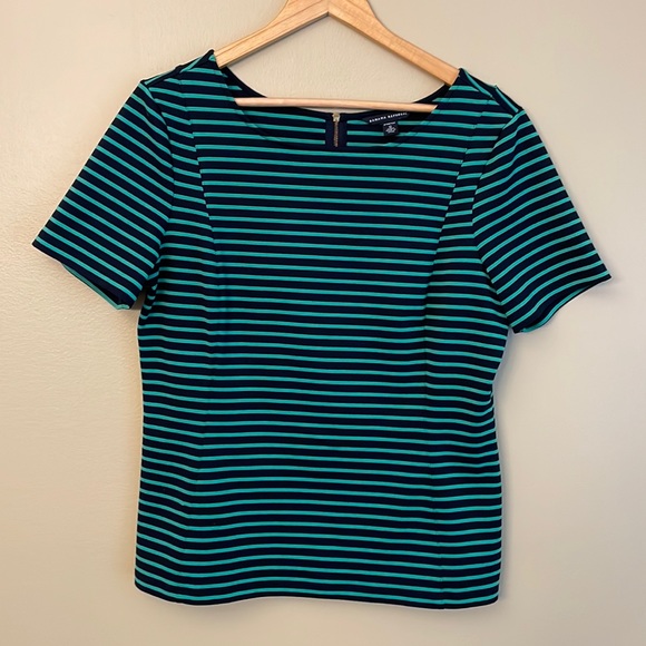 Banana Republic Navy Green Striped Knit Blouse Size 12 - Picture 1 of 6